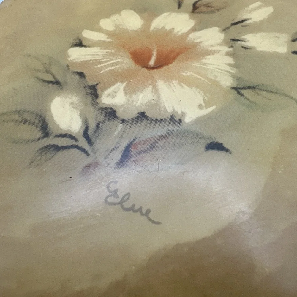 Vintage George Good Italian Alabaster Trinket Box Heart Hinged Painted Flower